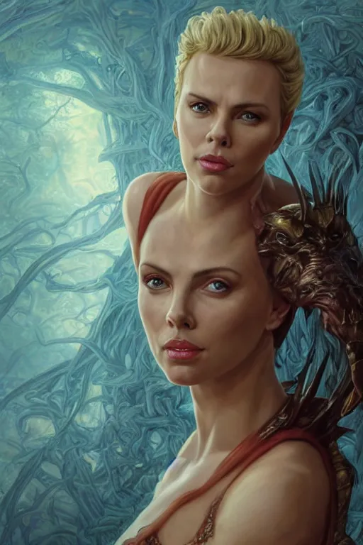 Prompt: A fantasy comic book style portrait painting of Charlize Theron, Scarlett Johansson, as an Atlantean Reptilian Warrior, Mystical Valkyrie, François Boucher, Oil Painting, unreal 5, DAZ, hyperrealistic, octane render, Regal, Refined, Detailed Digital Art, RPG portrait, William-Adolphe Bouguereau, Michael Cheval, Walt Disney (1937), Steampunk, dynamic lighting, Highly Detailed, Cinematic Lighting, Unreal Engine, 8k, HD