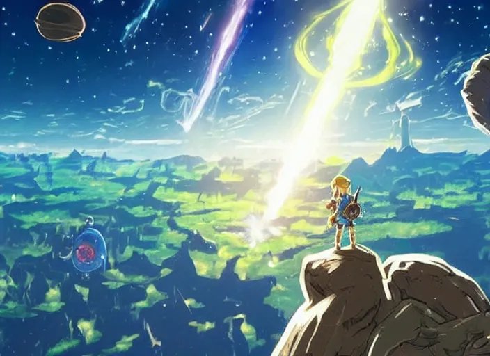 Image similar to zelda [ [ [ breath of the wild ] ] ], outer space, galaxy, stars, zero gravity, space station, aliens