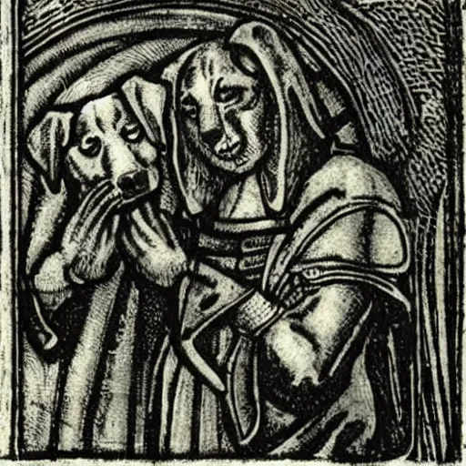 Image similar to medieval etching art of dogs