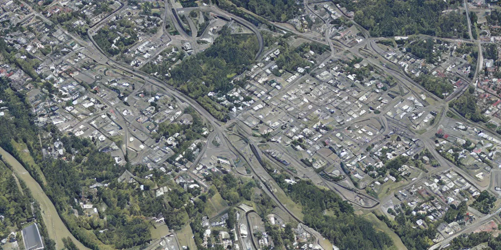 Prompt: satellite imagery of a low - rise city, with small woods and hills in the north with trailer park. in the south are buildings, a highway, shipping dock area, and monorail station.