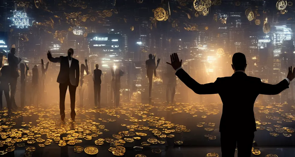 Image similar to Dramatic photo of a CEO waving goodbye in front of a group of silhouettes of his coworkers in a futuristic office. Golden coins are levitating all around them. 8k, high detail, trending on Artstation, volumetric lighting, cyberpunk