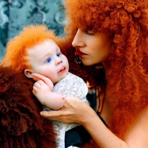 Image similar to a beautiful pale woman with orange hair holding both a curly headed baby boy and also a brown poodle, in the style of salvador dahli