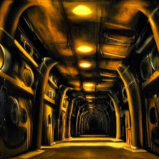 Image similar to computational tunnels, a tunnel complex full of mechanical computers and hooded robots, dramatic baroque oil painting, chiaroscuro