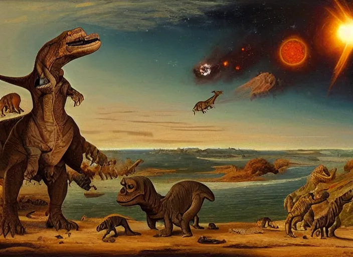 Image similar to earth during the cretaceous – paleogene extinction event, just as the asteroid is colliding with earth, dinosaurs from that era panicing and running in the far background, in the style of hudson river school of art, oil on canvas