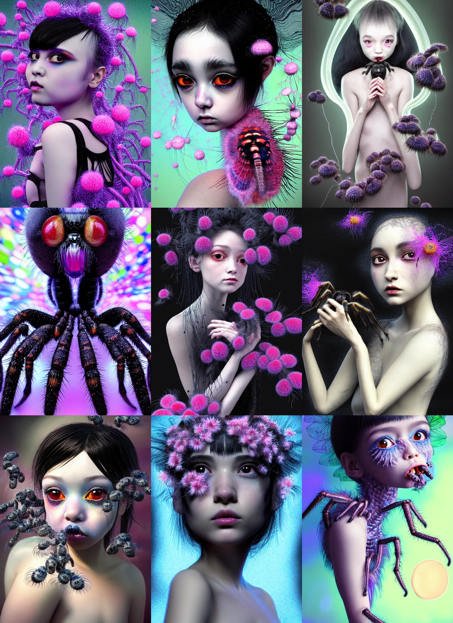 Prompt: hyper detailed 3d render like a chiaroscuro Oil painting - kawaii portrait Aurora (a black haired tarantula headed flapper-girl from the future) seen Eating of the Strangling network of (charcoal and ben day dots) and milky Fruit and Her delicate pedipalps hold of gossamer polyp blossoms bring iridescent fungal flowers whose spores black the foolish stars by Jacek Yerka, Ilya Kuvshinov, Glenn Barr, Mariusz Lewandowski, Houdini algorithmic generative render, Abstract brush strokes, Masterpiece, Edward Hopper and James Gilleard, Zdzislaw Beksinski, Mark Ryden, Wolfgang Lettl, hints of Yayoi Kasuma, octane render, 8k