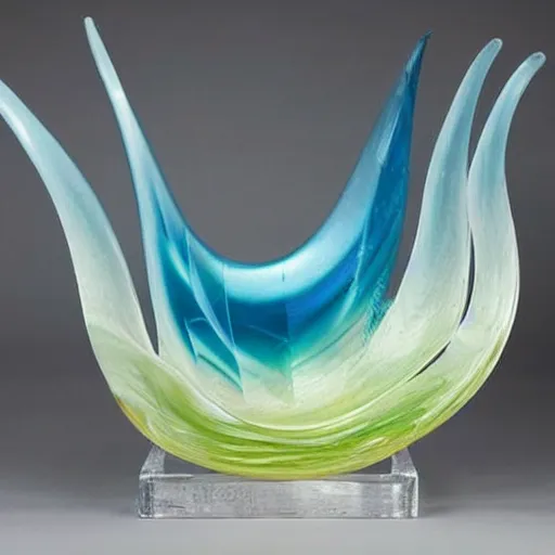 Prompt: a blown glass sculpture of a wave on a table