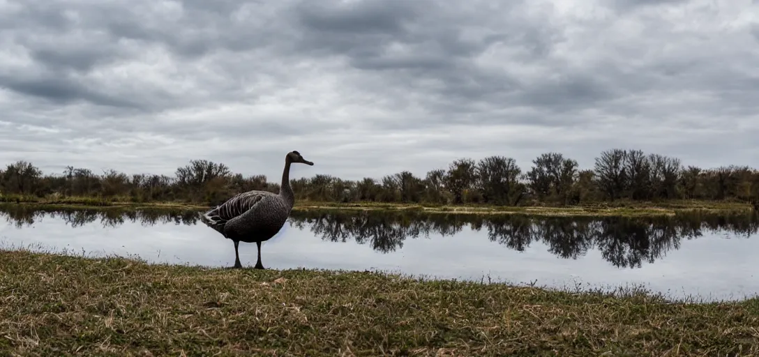 Prompt: wide angle shot of a goose. 8 k photography, depth of field, canon dslr