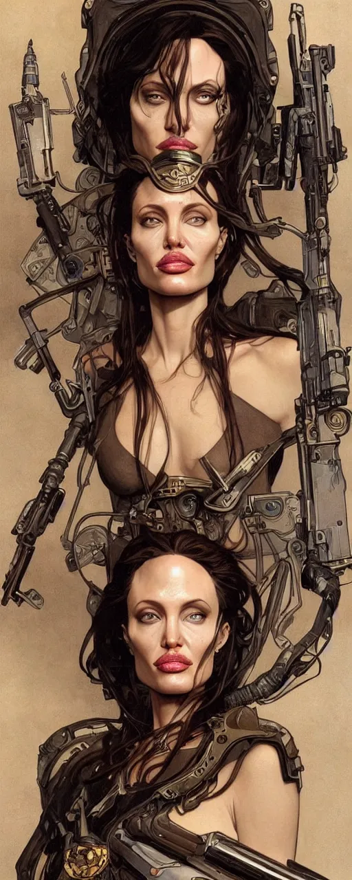 Image similar to beautiful stunning sci - fi art nouveau portrait of angelina jolie as an ironpunk rebel soldier by travis charest, moebius and alphonse mucha, photorealism, extremely hyperdetailed, perfect symmetrical facial features, perfect anatomy, ornate declotage, weapons, circuitry, high technical detail, determined expression, piercing gaze