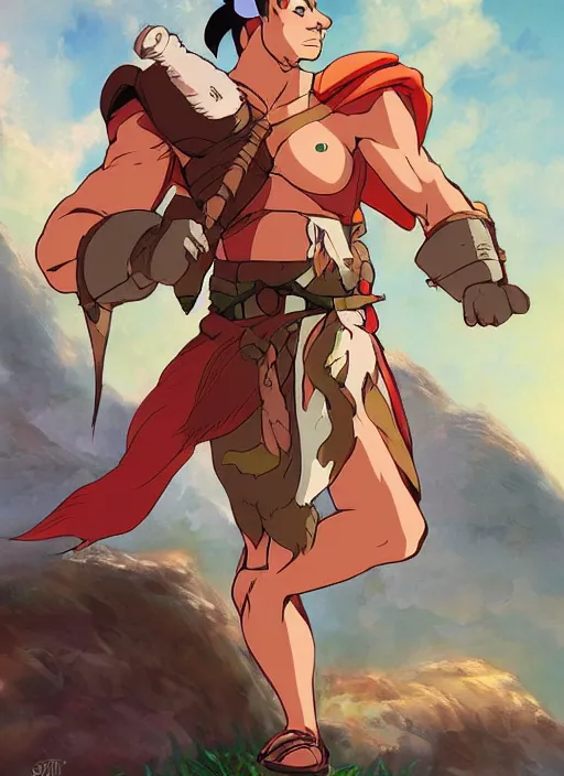 Image similar to official digital painting artwork of a male warrior character by don bluth, ross tran and studio ghibli.