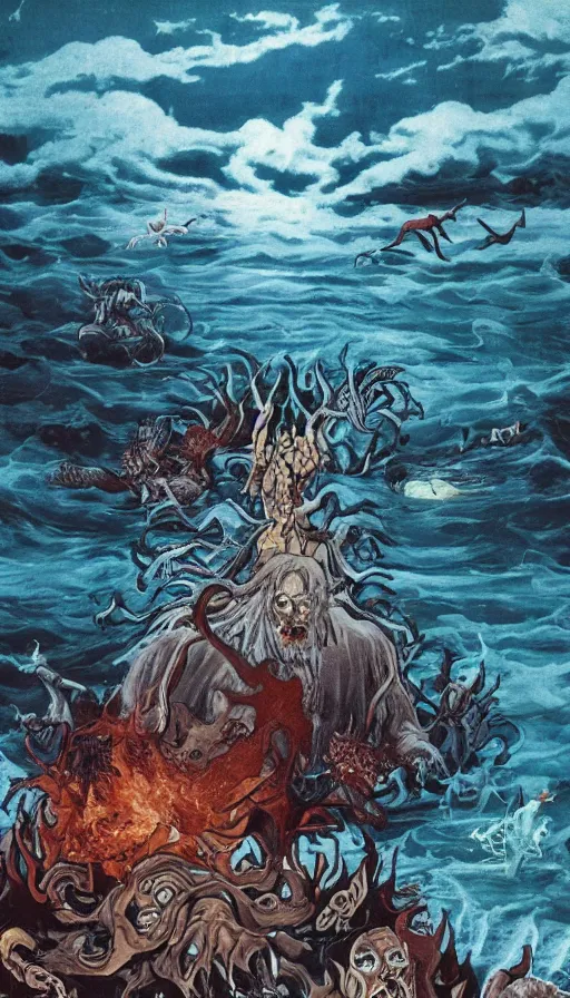 Image similar to man on boat crossing a body of water in hell with creatures in the water, sea of souls, by hideaki anno