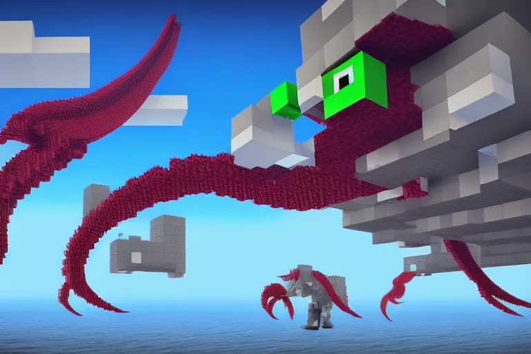 Image similar to giant squids battling in the sky, minecraft, 3 d render, minecraft