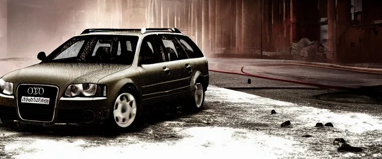 Image similar to Audi A4 B6 Avant (2002), a gritty neo-noir, dramatic lighting, cinematic, eerie person, death, homicide, homicide in the snow, viscera splattered, gunshots, bullet holes, establishing shot, extremely high detail, photorealistic, raging fire at a warehouse, arson, cinematic lighting, artstation, by simon stalenhag, Max Payne (PC) (2001) winter New York at night, In the style of Max Payne 1 graphic novel, flashing lights, Poets of the Fall - Late Goodbye