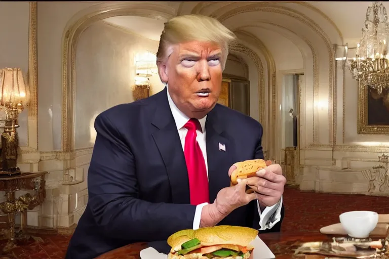 Prompt: Donald Trump visibly sulks, eating a cheeseburger, Inside his Mar-a-Lago home, as the home is raided by many federal agents, raided by feds, panicking, Highly detailed, Cinematic, hyperrealistic, photorealistic, 4k, Realistic, detailed.