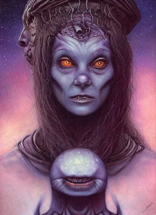 Image similar to portrait of female space goblin, night sky background, beautiful! coherent! by brom, by brian froud, deep color, strong line, high contrast