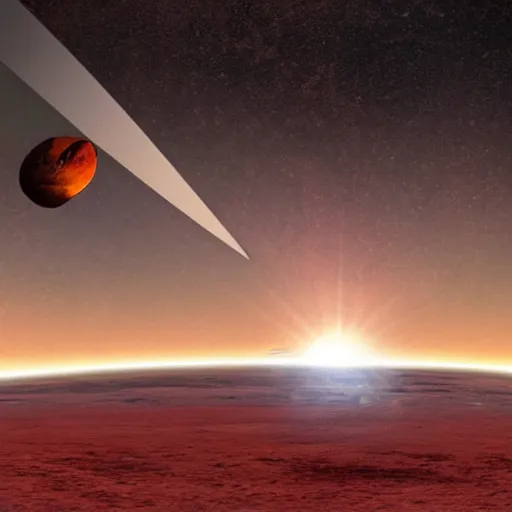 Prompt: starship crashes upon the red planet, sun bursts