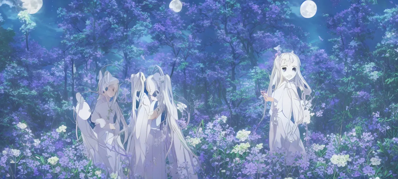 Image similar to illyasviel walking through enchanted ghibli clover | Big Moon at Blue Night | Trees with white flowers | bioluminescent blue FLOWERS | strong blue rimlit | visual-key | anime illustration | highly detailed High resolution | Light Novel | Visual Novel | In the style of Miyama-Zero, Yuuki Hagure