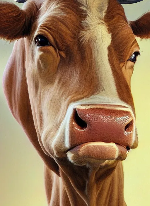 Prompt: portrait of cow, highly detailed, centered, solid color background, digital painting, artstation, concept art, smooth, sharp focus, illustration, artgerm, donato giancola, Joseph Christian Leyendecker, Les Edwards, Ed Repka, WLOP