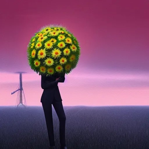 Prompt: giant daisy flower head, frontal, woman in a suit, surreal photography, sunrise, dramatic light, impressionist painting, digital painting, artstation, simon stalenhag