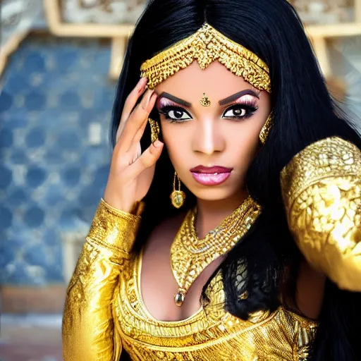 Prompt: aesthetic!!!!!! Female genie in Arabic clothing, black skin, long black hair, gold tint, frontal pose, super resolution, graphex camera!!!!!!!!!!!! Full-length view,