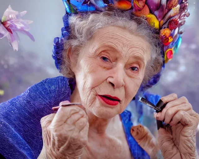 Image similar to an innocent and beautiful scene in hyper realistic style, about an old and lonely woman applying makeup in front of the camera, and modeling a victorian dress. a huge and colorful fish sits on her head. 4 k. wide angle. wild. symmetrical face, red mouth, blue eyes. deep focus, lovely scene. ambient occlusion render. unreal engine.