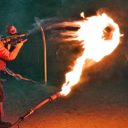 Image similar to photo of a clown using a flamethrower projecting a long flame