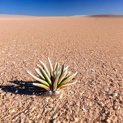 Prompt: a single small pretty desert flower blooms in the middle of a bleak arid empty desert, in the background a large topaz crystal sticks halfway out of the sand, sand dunes, clear sky, low angle, dramatic, cinematic, tranquil, alive, life.