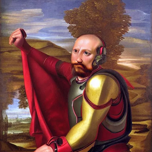 Image similar to renaissance painting of an anthropomorphic dog wearing an iron man suit