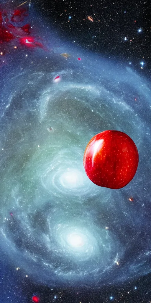 Image similar to a nasa photo of a galaxy in the shape of a red apple with a bite taken out of it. dynamic composition psychedelic