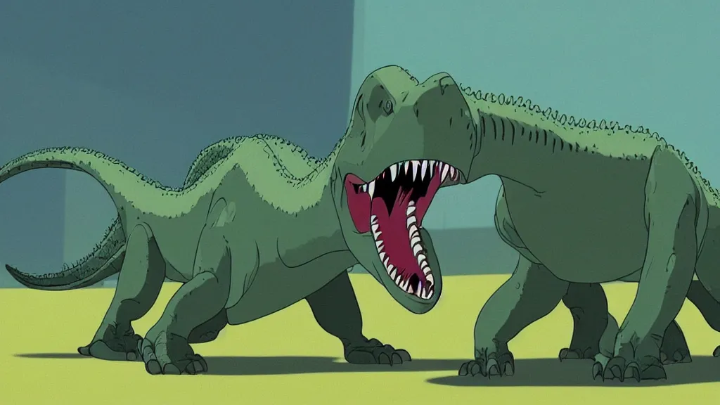 Prompt: A T-rex from a film still by Disney Animation Studios, 1994, cel shading, by Andy Gaskill and Rob Minkoff and Studio Ghibli. Cinematic. Clean lines. Coherent.