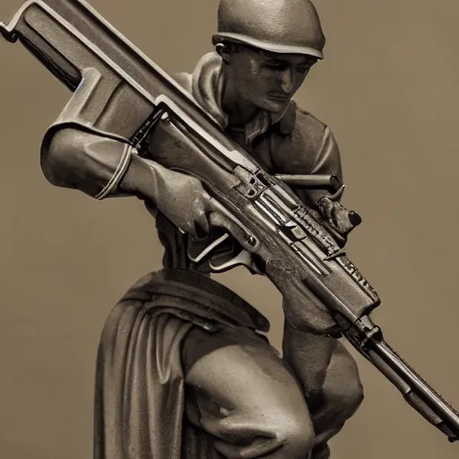 Prompt: photorealistic detailed picture, extreme, uhdr, scuplture of saint mary handling riffle gun!, masterpiece, fine details, highly detailed, intricate, smooth sharp focus