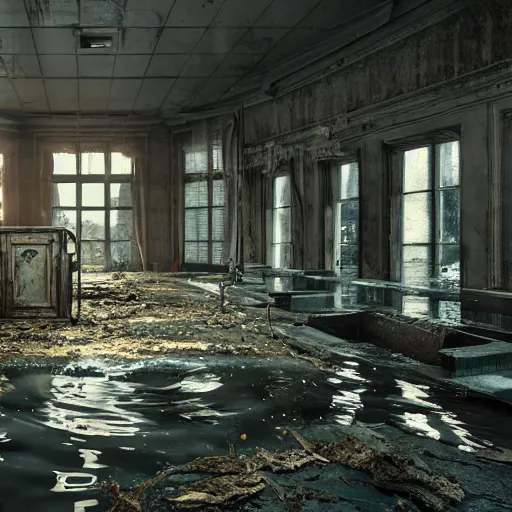 Prompt: flooded, desecrated, abandoned, science lab, ultra realistic, concept art, intricate details, eerie, highly detailed, photorealistic, octane render, 8 k, unreal engine, art by ben evrard