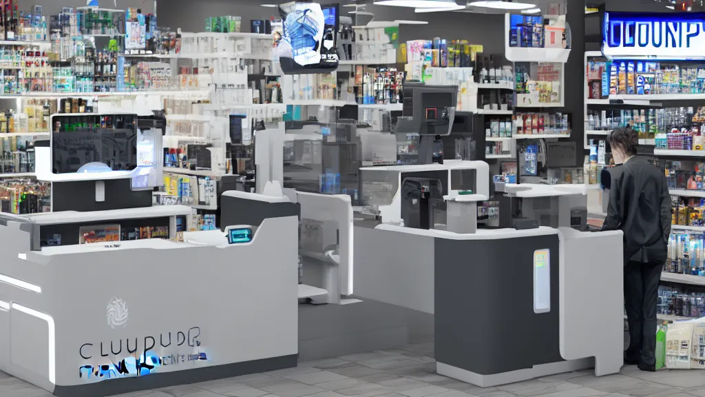 Image similar to cloudpunk unilateral convenience store robo - cashier