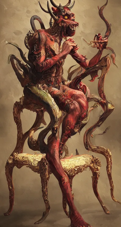 Prompt: a beautiful painting of a demon sitting on top of a chair, a high detailed painting by ram chandra shukla, pixiv contest winner, bengal school of art, detailed painting, maximalist, trending on artstation