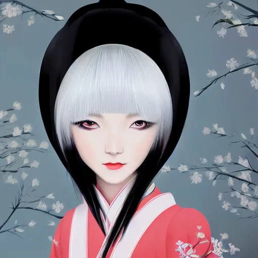 Prompt: Portrait of a japanese princess young lady, with white hair and bangs!!!! beauty artwork by Ilya Kuvshinov, white hair, ayaka genshin impact, ayaka, ayaka game genshin impact, ayaka