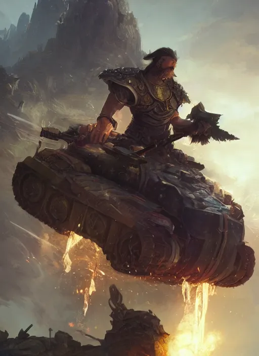 Image similar to portrait of man holding a scepter sitting on a tank, d & d, heartstone, digital painting, volumetric light, intricate, sharp, focus, bloom, illustration, highly detailed, concept art, matte, ruan jia, randy vargas, greg rutkowski