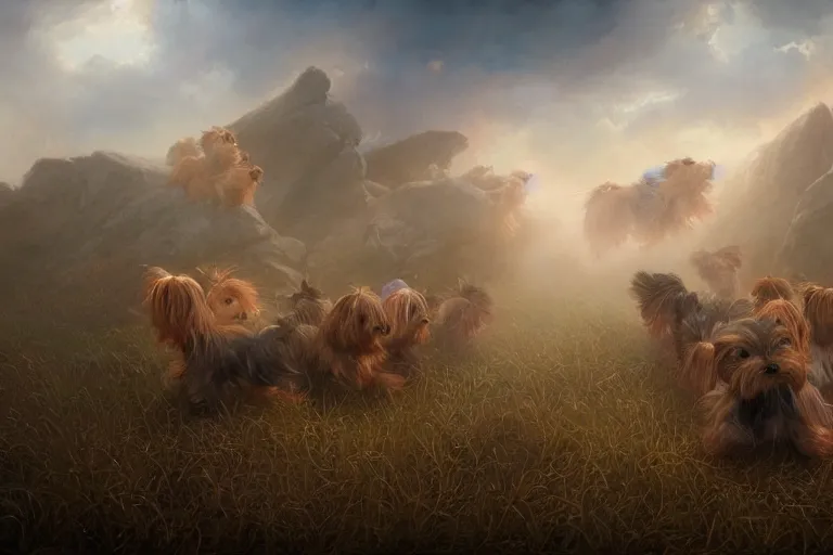 Prompt: an intricate colorful matte painting of a herd of yorkshire terrier puppies hunting a pinata, by Christophe Vacher and Bastien Lecouffe-Deharme, trending on artstation