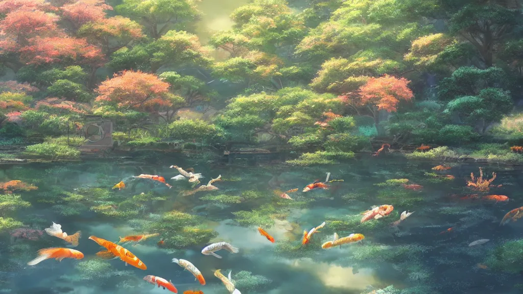 Image similar to a ultradetailed beautiful matte painting of a peaceful pond with a clear water and amazingly beautiful carp koi and a magical wind blowing gently, anime landscape, high resolution 4 k, by makoto shinkai, charli bowater and artgeem