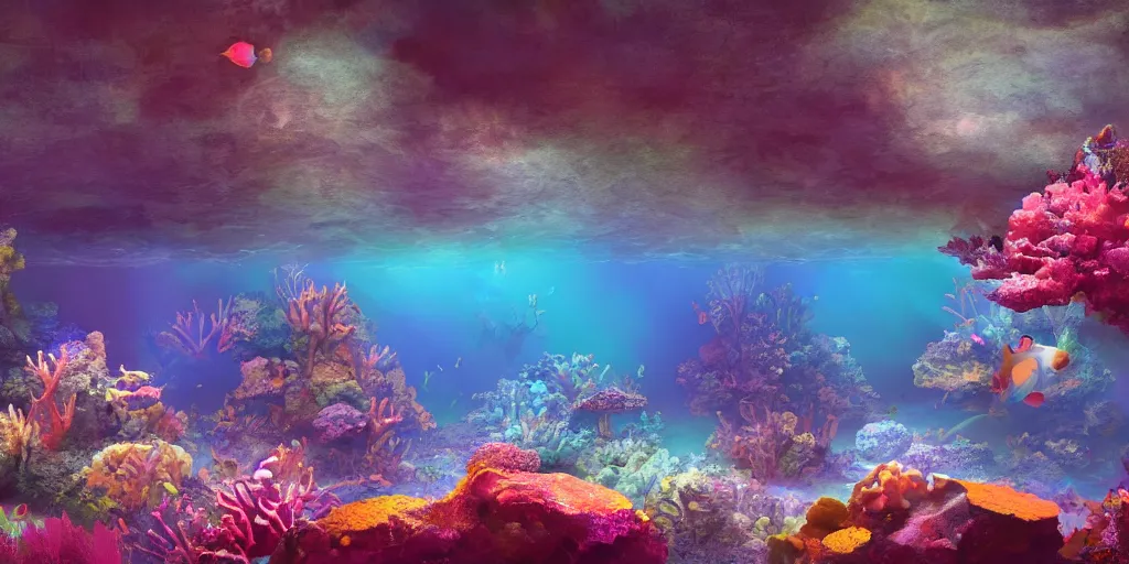 Prompt: mystical underwater shot of a sunken temple, colorful coral reef, filtered diffraction lighting, fish, fantasy digital art, trending on artstation