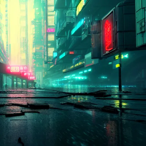 Prompt: 8 k artstation photograph rainy city cracked and crumbling into the ocean with scifi cyberpunk aesthetic hyper realistic