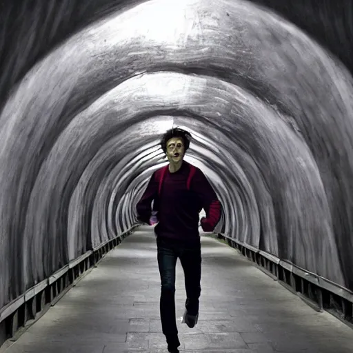 Image similar to terrified young man in a straightjacket running toward you in the Bund Sightseeing Tunnel, Shanghai, China by Alex Grey and Jeffrey Smith