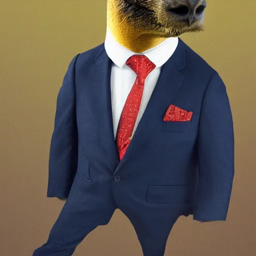 Image similar to a high detail photo of an antropomorphic capybara wearing a suit, subject= duck, subject detail: wearing a suit, photorealism