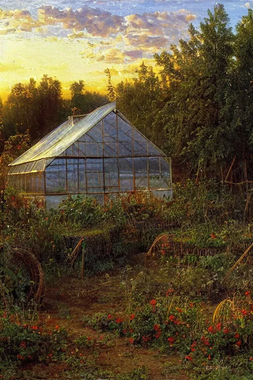 Image similar to greenhouse with harvest at sunrise painting by ivan shishkin