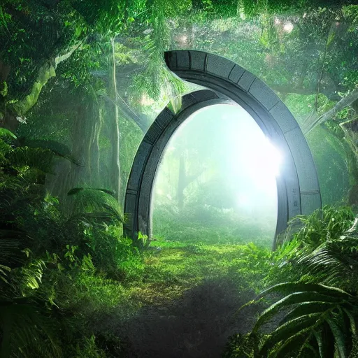 Prompt: active stargate to another dimension inside a beautiful tree in a densely overgrown jungle, fantasy, dreamlike sunrise volumetric lighting, ultra realistic, atmospheric, stopped in time, epic