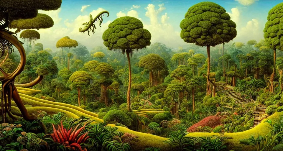 Prompt: huge woodlouse, bones of dead animals, a landscape on the moon with many craters, tea terraces, a beautiful flowering garden, a lot of exotic vegetations, trees, intricate detaild, pale colors, 8 k, in the style of martin johnson heade and roger dean