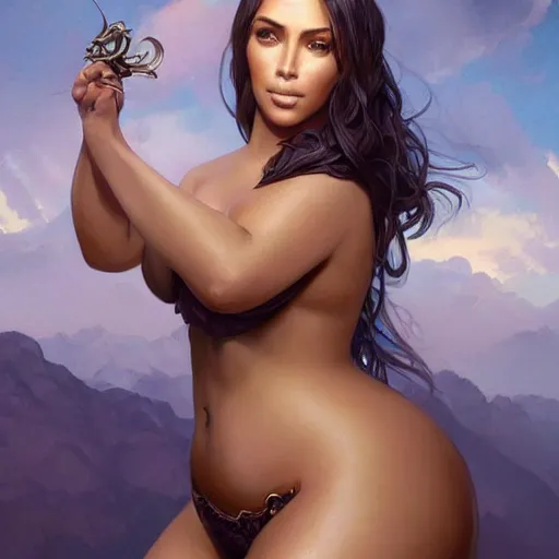 Image similar to portrait of a beautiful thick female, kim kardashian type body, D&D, fantasy, intricate, elegant, highly detailed, digital painting, artstation, concept art, smooth, sharp focus, illustration, art by artgerm and greg rutkowski and alphonse mucha