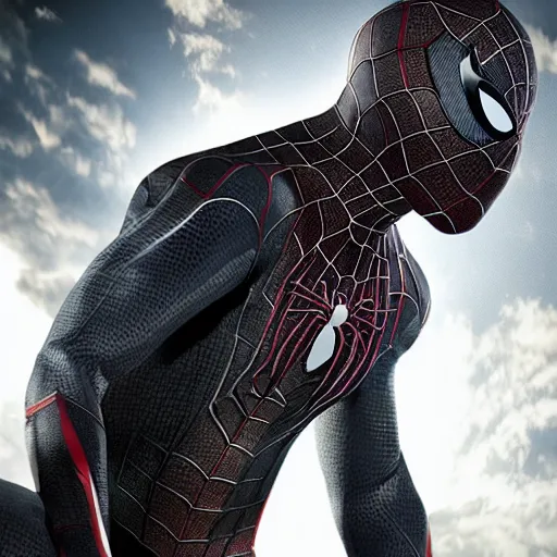 Image similar to black spider - man suit with white web lining, cinematic, volumetric lighting, realistic, hyperdetailed, photorealistic, photograph