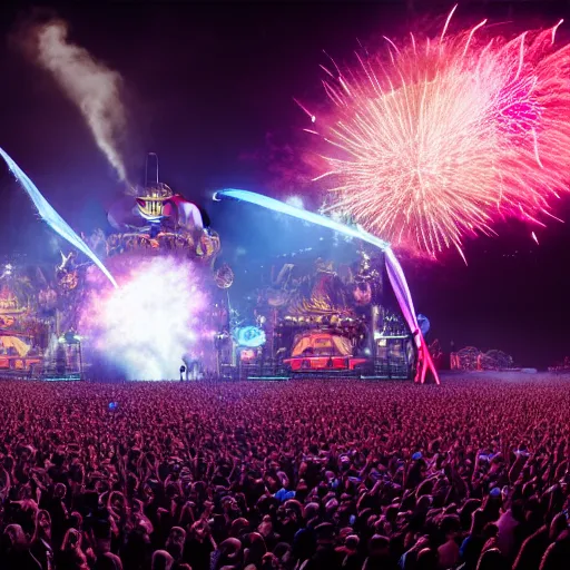 Image similar to outdoor epic festifal mainstage trash hybrid defqon 1 festival light beam lasers, firework, flamethrower, co2, crowd, octane render, 3d, unreal engine, highly detailed, 4k, 8k, HD