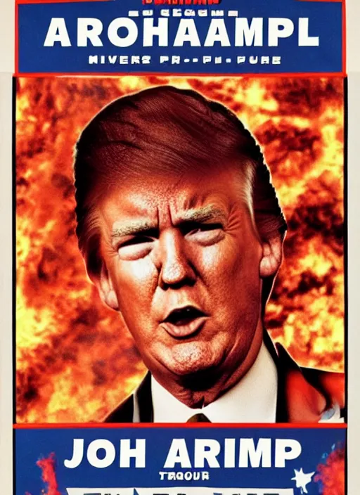 Prompt: an 8 0's john alvin action movie poster of donald trump starring in trumpster fire. explosions.