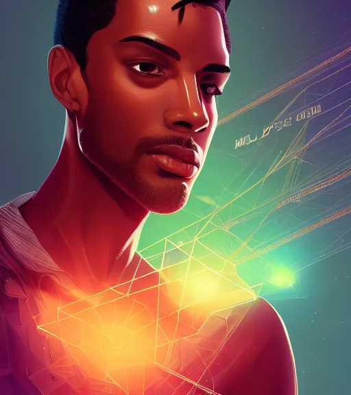 Image similar to symmetry!! egyptian prince of technology, solid cube of light, hard edges, product render retro - futuristic poster scifi, lasers and neon circuits, brown skin man egyptian prince, intricate, elegant, highly detailed, digital painting, artstation, concept art, smooth, sharp focus, illustration, dreamlike, art by artgerm