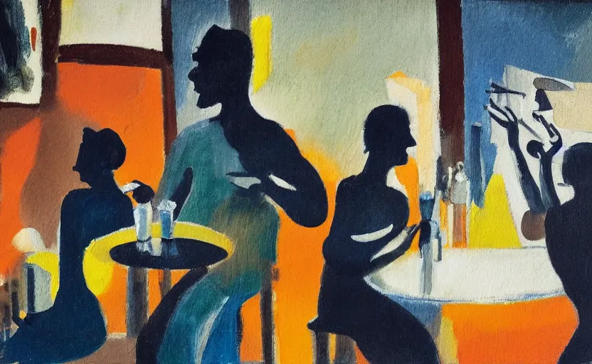 Prompt: oil painting in the style of john craxton sailors in the shadows of a pub. playing cards. brush marks. strong lighting. holding cigarettes. smokey bar. seated figure hands on table. strong expressions on faces. cheekbones. single flower. in the style of ivon hitchins line drawing on painting,